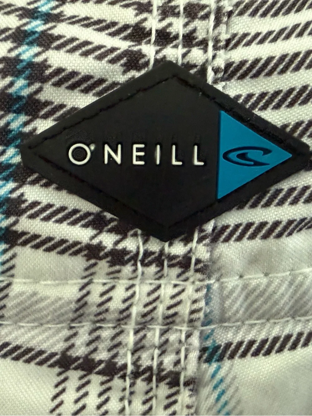 O'Neill Men’s White Plaid Swim Board Shorts with Gray, Black and Light Blue